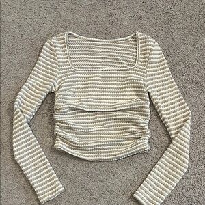 Striped Ruched Square-Neck Long Sleeve Crop Top - Cream/White